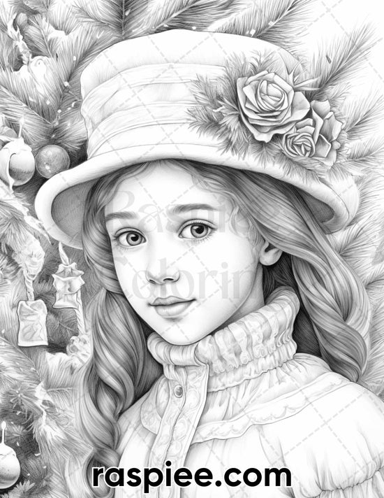 50 Christmas Victorian Girls Grayscale Coloring Pages for Adults, Prin ...