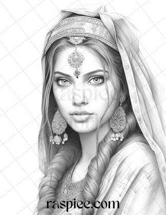 50 Beautiful Indian Women Grayscale Coloring Pages for Adults, Printab ...