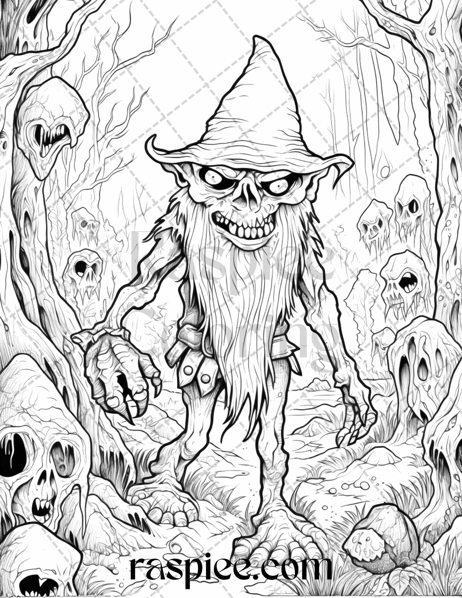 Horror Zombie Gnomes Grayscale Coloring Page, Printable Coloring Page for Adults, Halloween Zombie Gnome Coloring, Creepy Grayscale Illustration, Spooky Undead Creatures Coloring