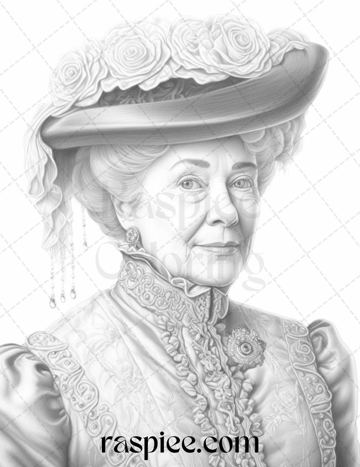 Victorian Grandma Grayscale Coloring Pages, Printable Coloring Pages for Adults, Grayscale Art for Coloring, Vintage Black and White Illustrations, Portrait Coloring Pages for Adults