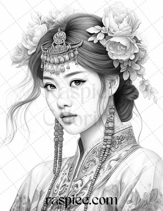 40 Beautiful Chinese Girls Grayscale Coloring Pages for Adults, Printa ...