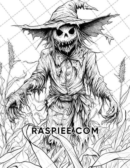 Horror Scarecrow Halloween Adult Coloring Pages Printable PDF Instant Download