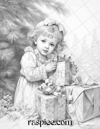 50 Vintage Christmas Girls Grayscale Coloring Pages for Adults and Kid ...