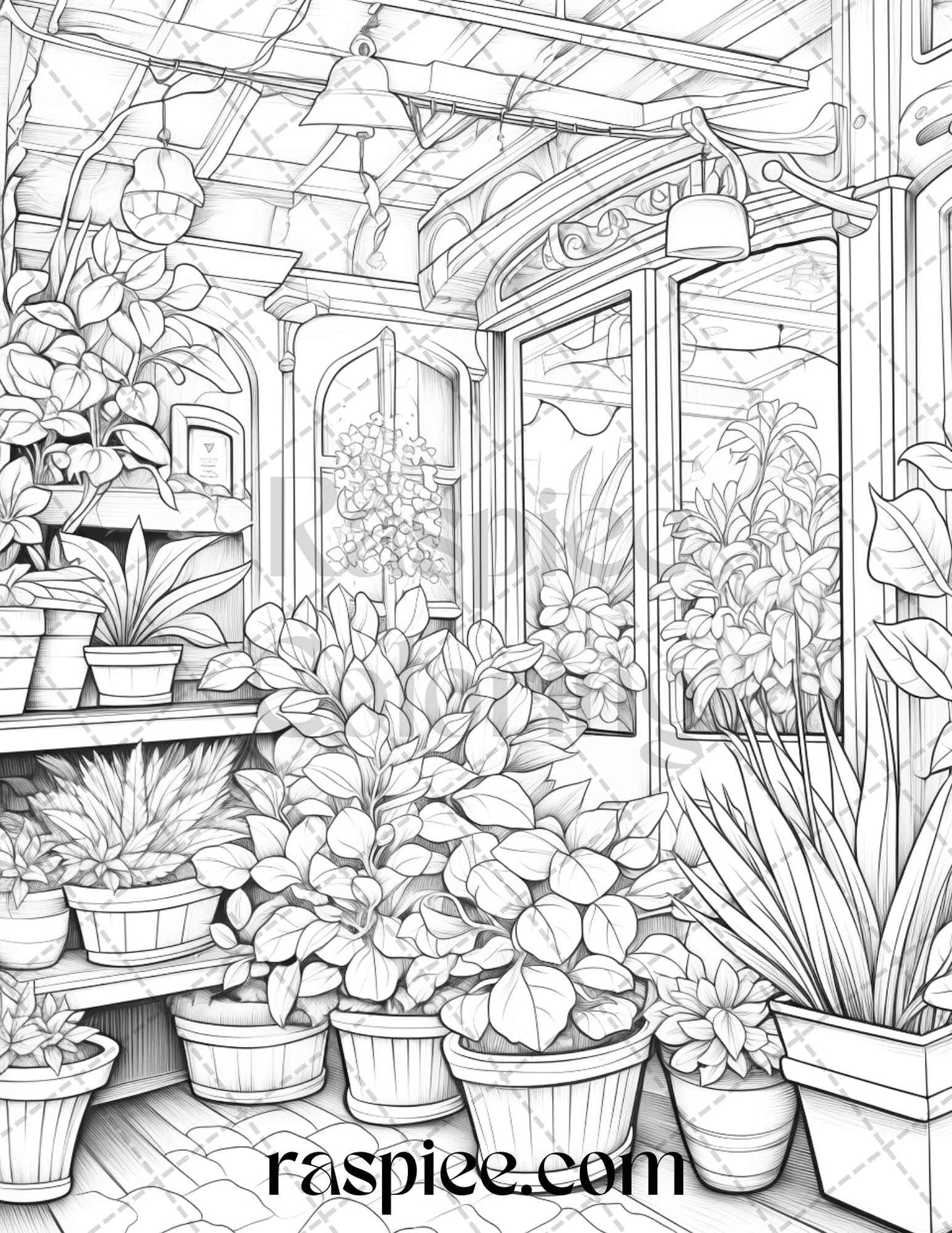 flower store front grayscale coloring pages, printable coloring pages for adults, grayscale art therapy, relaxing flower coloring pages