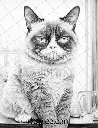 50 Grumpy Cat Grayscale Coloring Pages Printable for Adults, PDF File ...