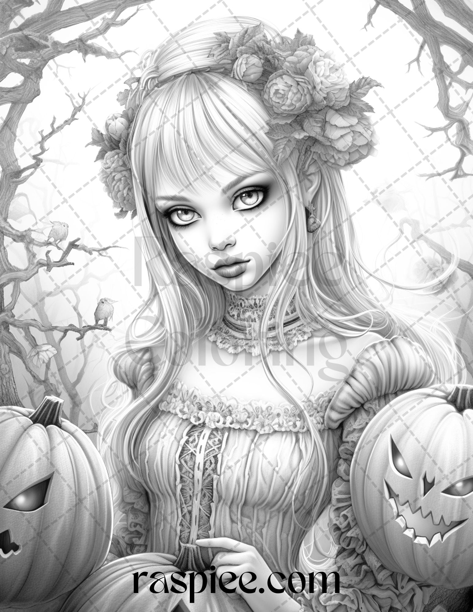 55 Halloween Girls Grayscale Pages Raspiee – Coloring for PDF Adults, Printable Coloring