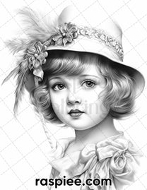 50 Vintage Flapper Baby Girls Grayscale Coloring Pages for Adults, Pri ...