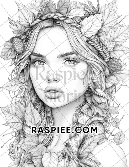 Autumn Beauties Portrait Adult Coloring Pages Printable PDF Instant Download