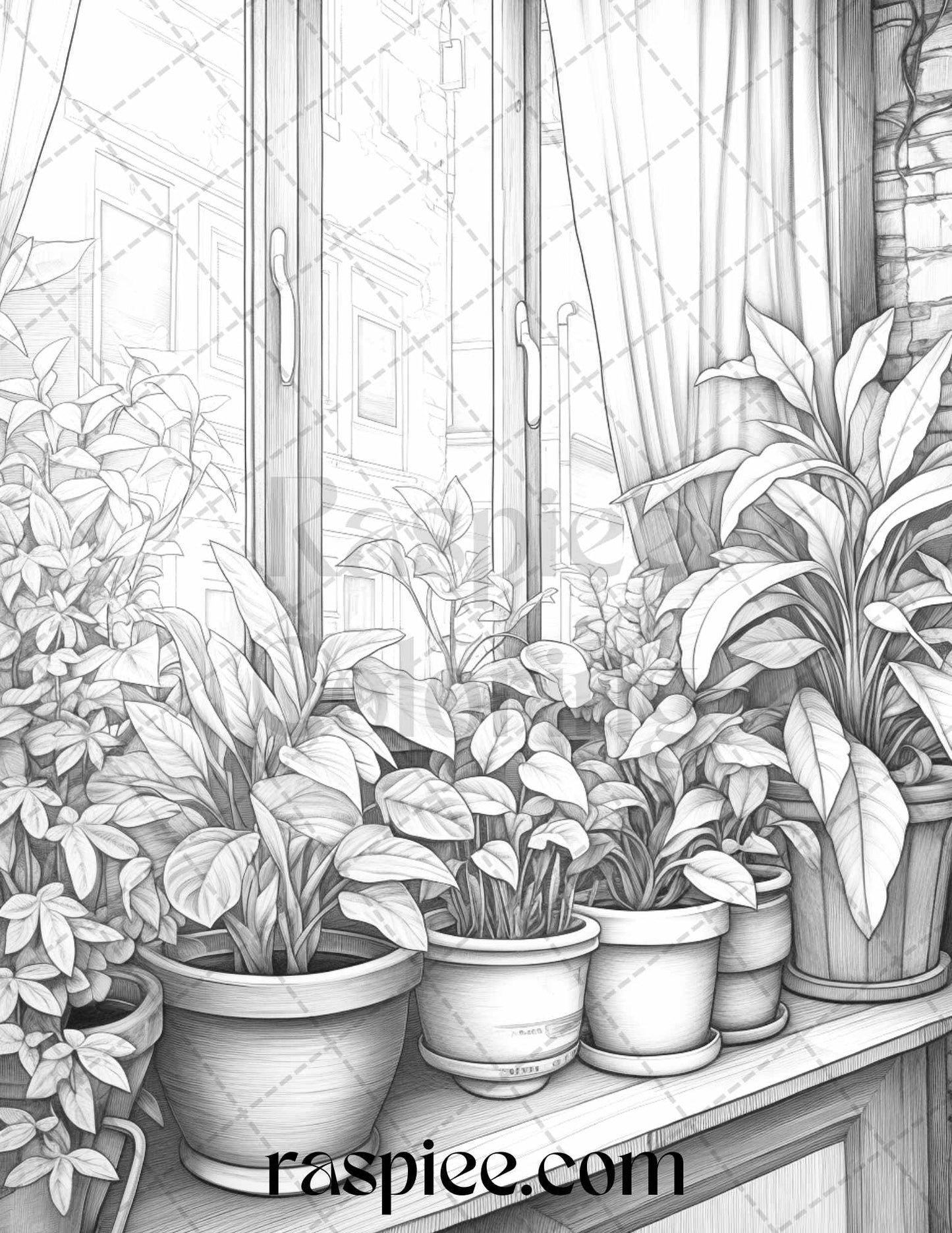 Window Plants Grayscale Coloring Pages Printable for Adults, Relaxing Nature Art, Botanical Coloring Pages, Stress Relief Coloring