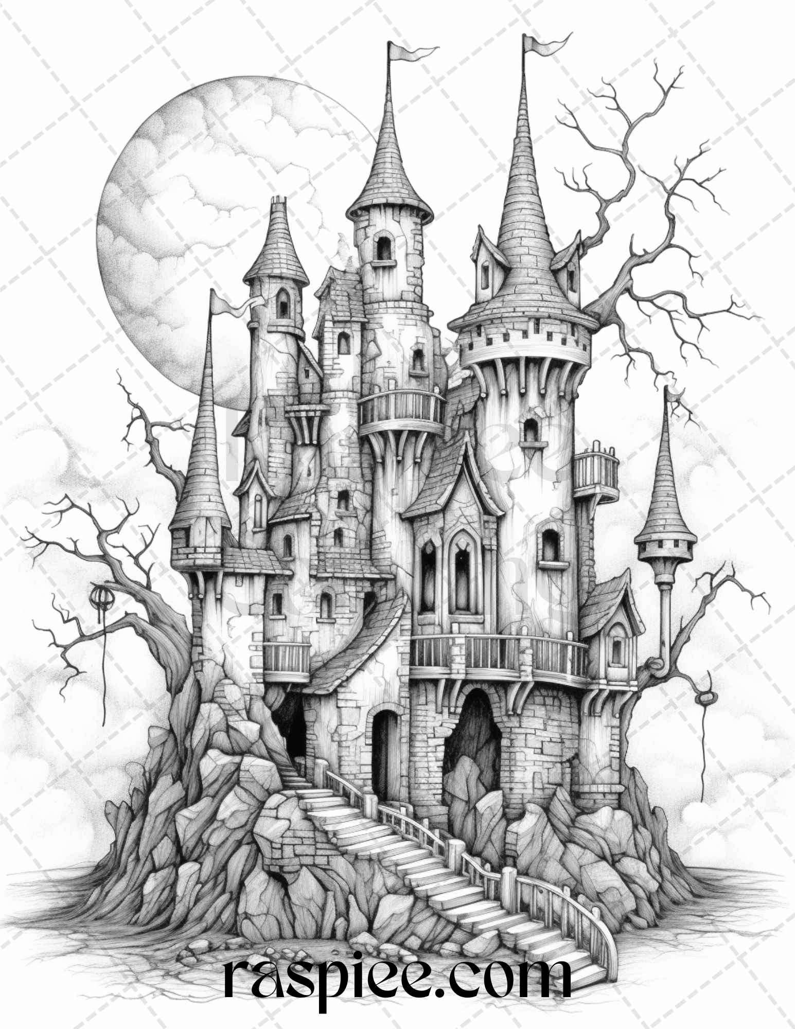 50 Haunted Castles Grayscale Coloring Pages Printable, Halloween Coloring Book, PDF File Instant Download - raspiee