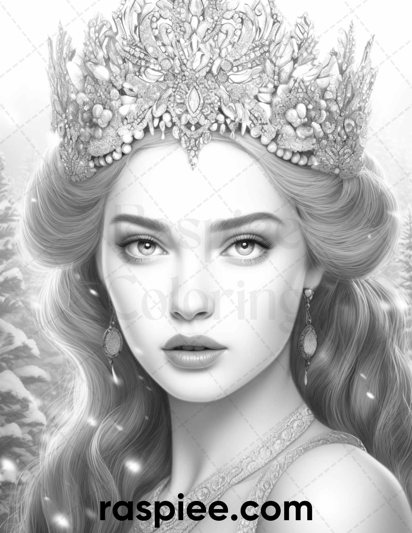 Winter Queens Coloring Page, Grayscale Queen Portraits, Adult Coloring Printable, Detailed Winter Designs, Snow Queen Art, Stress Relief Coloring, Intricate Coloring Sheet, Relaxation Coloring Art, Winter Season Coloring Pages, Portrait Coloring Pages, Christmas Coloring Pages, Xmas Coloring Pages