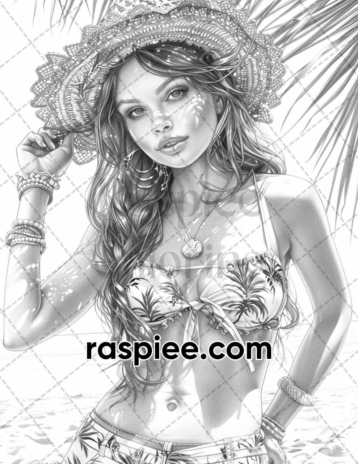adult coloring pages, adult coloring sheets, adult coloring book pdf, adult coloring book printable, grayscale coloring pages, grayscale coloring books, grayscale illustration, portrait adult coloring pages, portrait adult coloring book, Beautiful Tropical Girls Grayscale Adult Coloring Pages
