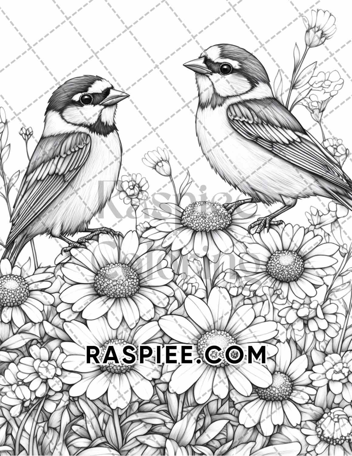 Flowers and Birds Adult Coloring Pages Printable PDF Instant Download - RASPIEE