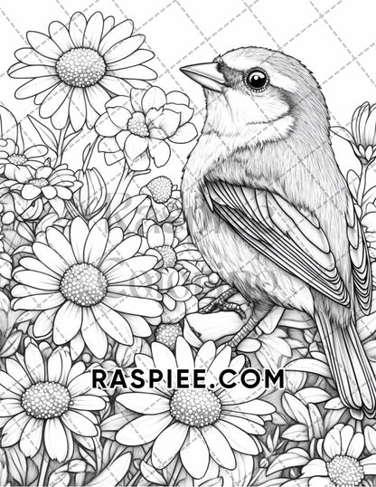 Flowers and Birds Adult Coloring Pages Printable PDF Instant Download - RASPIEE