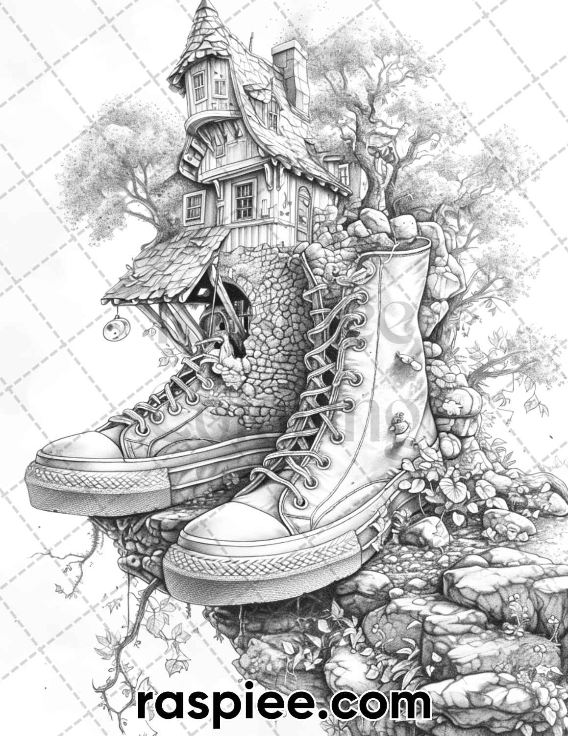 adult coloring pages, adult coloring sheets, adult coloring book pdf, adult coloring book printable, grayscale coloring pages, grayscale coloring books, fantasy coloring pages for adults, fantasy coloring book, grayscale illustration, fantasy shoe house coloring pages