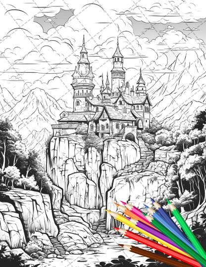 122 Fantasy Castles Coloring Book for Adults, Grayscale Coloring Page, Printable PDF Instant Download