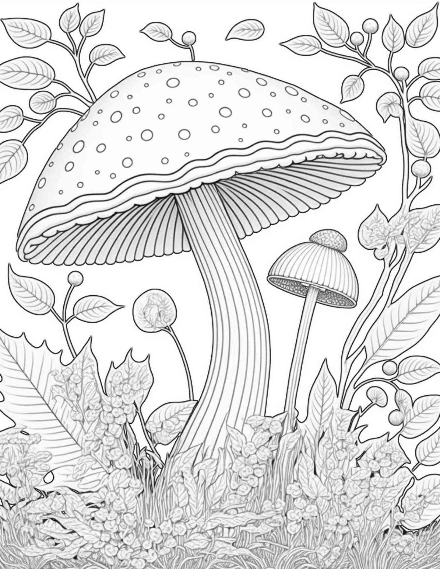 100 páginas para colorear del bosque de hongos imprimibles para adultos y niños, libro para colorear en escala de grises, archivo PDF imprimible descarga instantánea