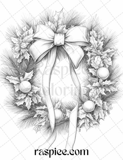 Christmas Wreath Coloring Page, Grayscale Adult Coloring Printable, Holiday DIY Art, Festive Xmas Decorations, Printable Winter Activities, Stress-Relief Coloring Sheet, Intricate Holiday Designs, Digital Downloadable Prints, Creative Relaxation Coloring, Christmas Coloring Ideas