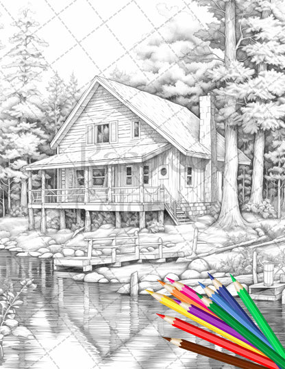 Lake Cabin Scenery Grayscale Coloring Pages Printable for Adults, PDF File Instant Download - raspiee