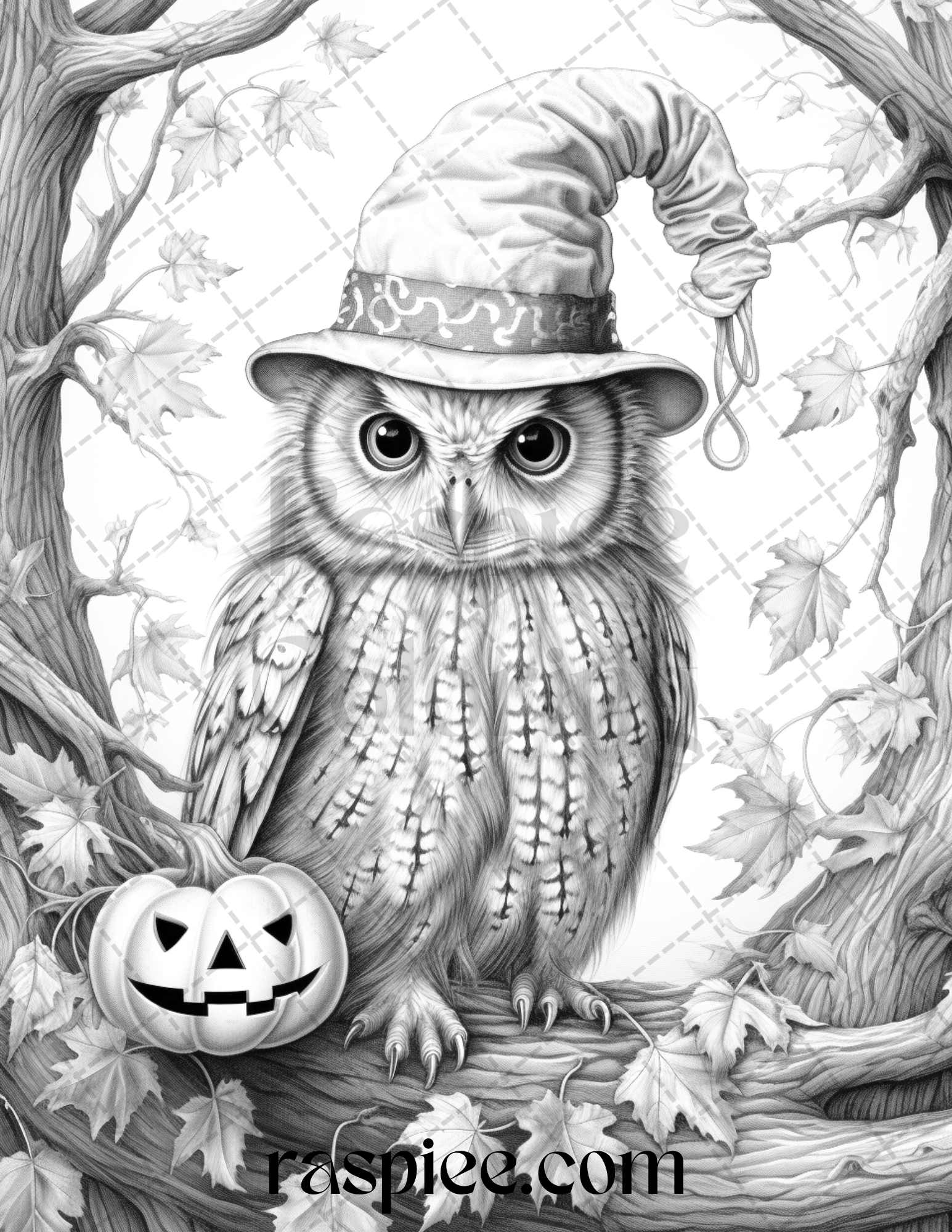 Halloween Witch Owl Grayscale Coloring Pages, Printable Coloring Sheets for Adults and Kids, Instant Download Halloween Coloring Book, Witchcraft Theme Spooky Owl Coloring