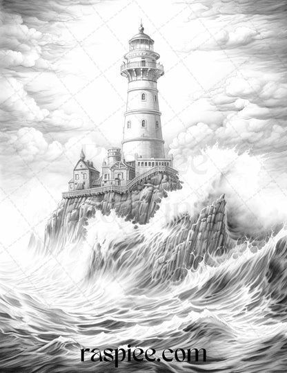 Majestic Lighthouse Grayscale Coloring Page, Coastal Art Therapy Coloring Sheet, Detailed Nautical Adult Coloring Printable, Ocean-themed DIY Coloring Page, Nautical Decor Coloring Sheet, Lighthouse Scene Coloring Illustration, Grayscale Relaxation Coloring Page