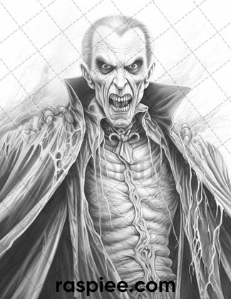 50 Count Dracula Grayscale Coloring Pages Printable for Adults, PDF Fi