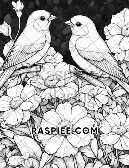 Flowers and Birds Adult Coloring Pages Printable PDF Instant Download - RASPIEE