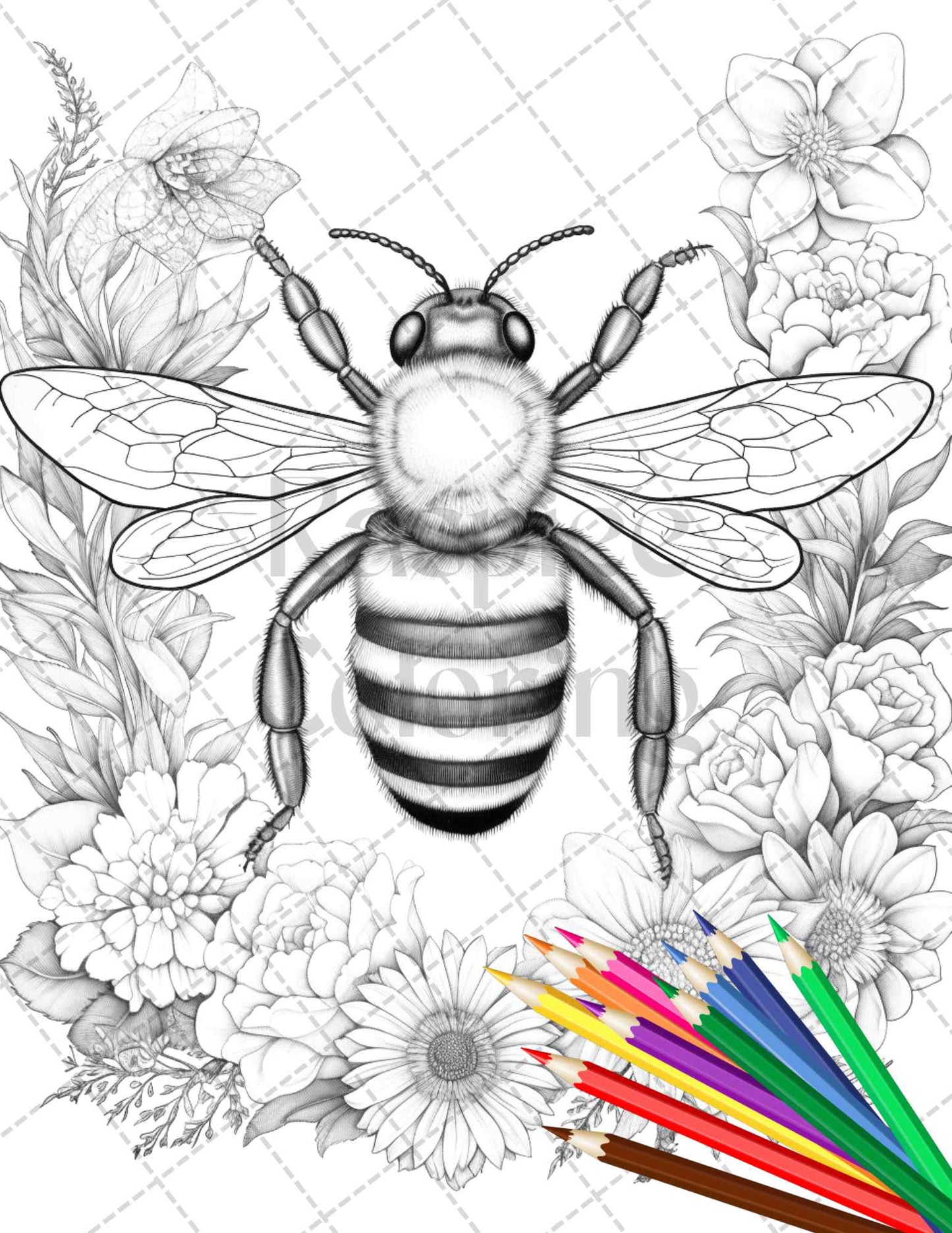48 Vintage Botanical Bee Grayscale Coloring Pages Printable for Adults, PDF File Instant Download - raspiee