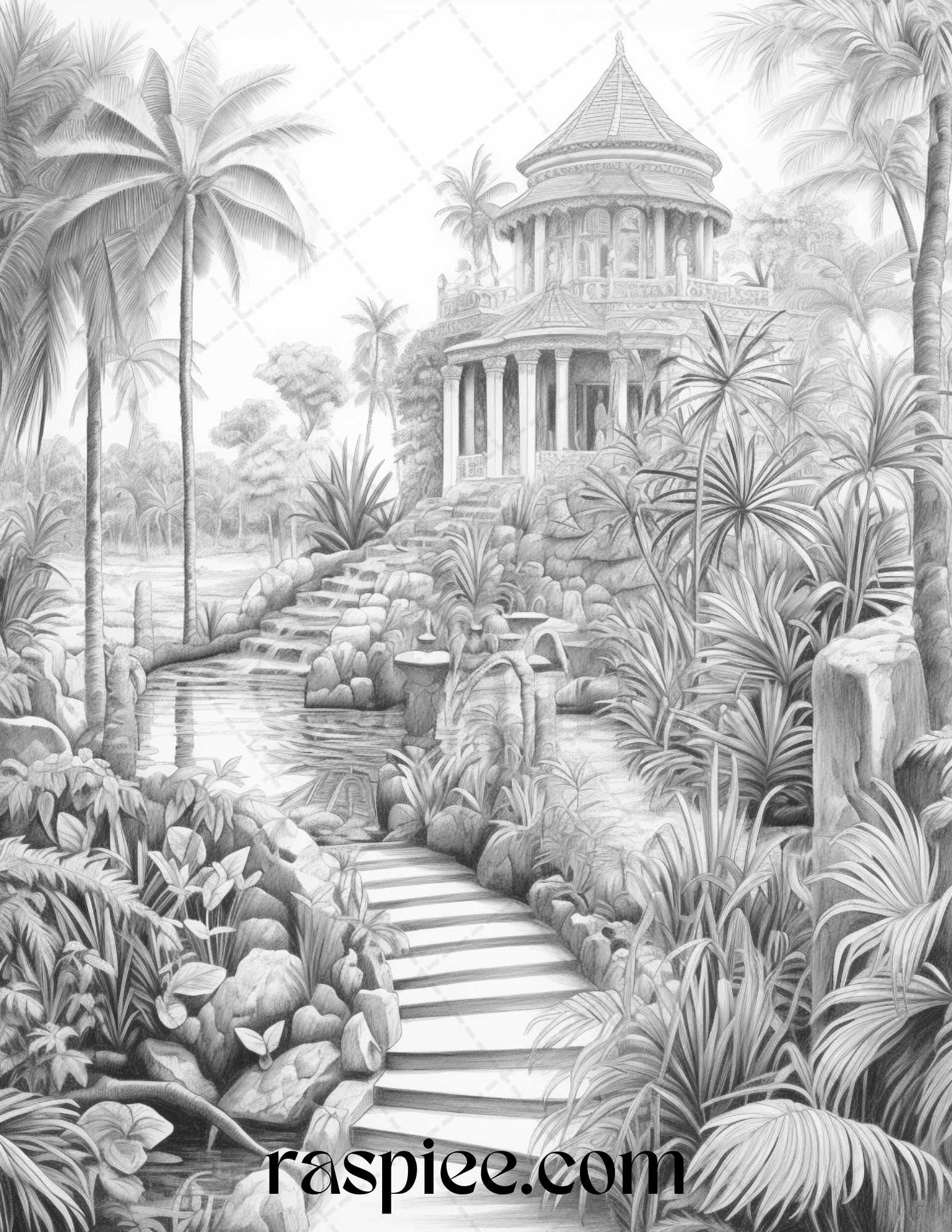 Tropical Oasis Grayscale Coloring Pages, Nature-Themed Adult Coloring, Grayscale Coloring Artwork, Adult Coloring Printable - Nature Scenes, Landscape Coloring Pages for Adults