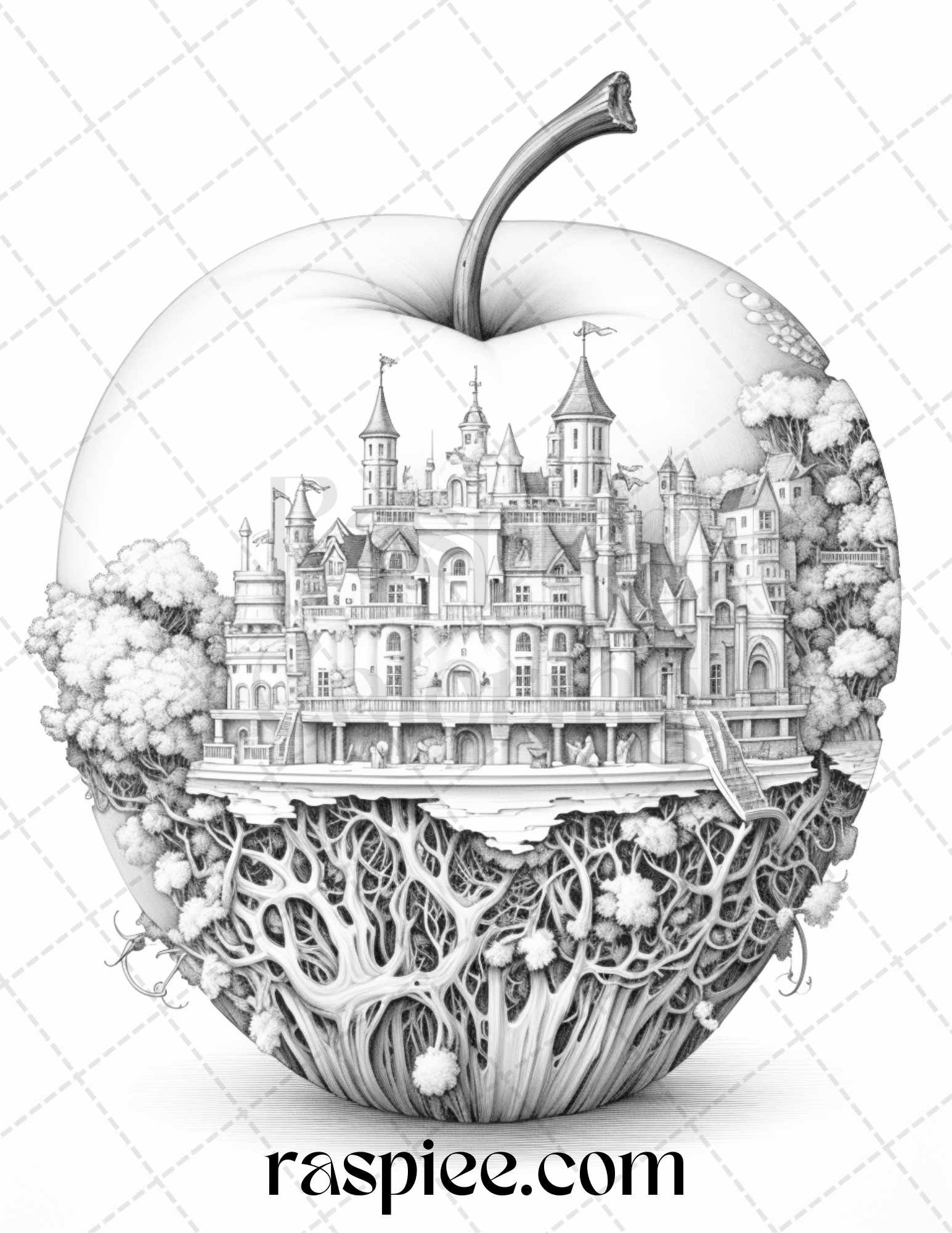 Apple Grayscale Coloring Page, Detailed Apple Coloring Sheet, Relaxing Adult Coloring Page, Stress Relieving Coloring PDF, Miniworld Landscape Coloring, Adult Coloring Stress Relief, Relaxation Coloring Activity
