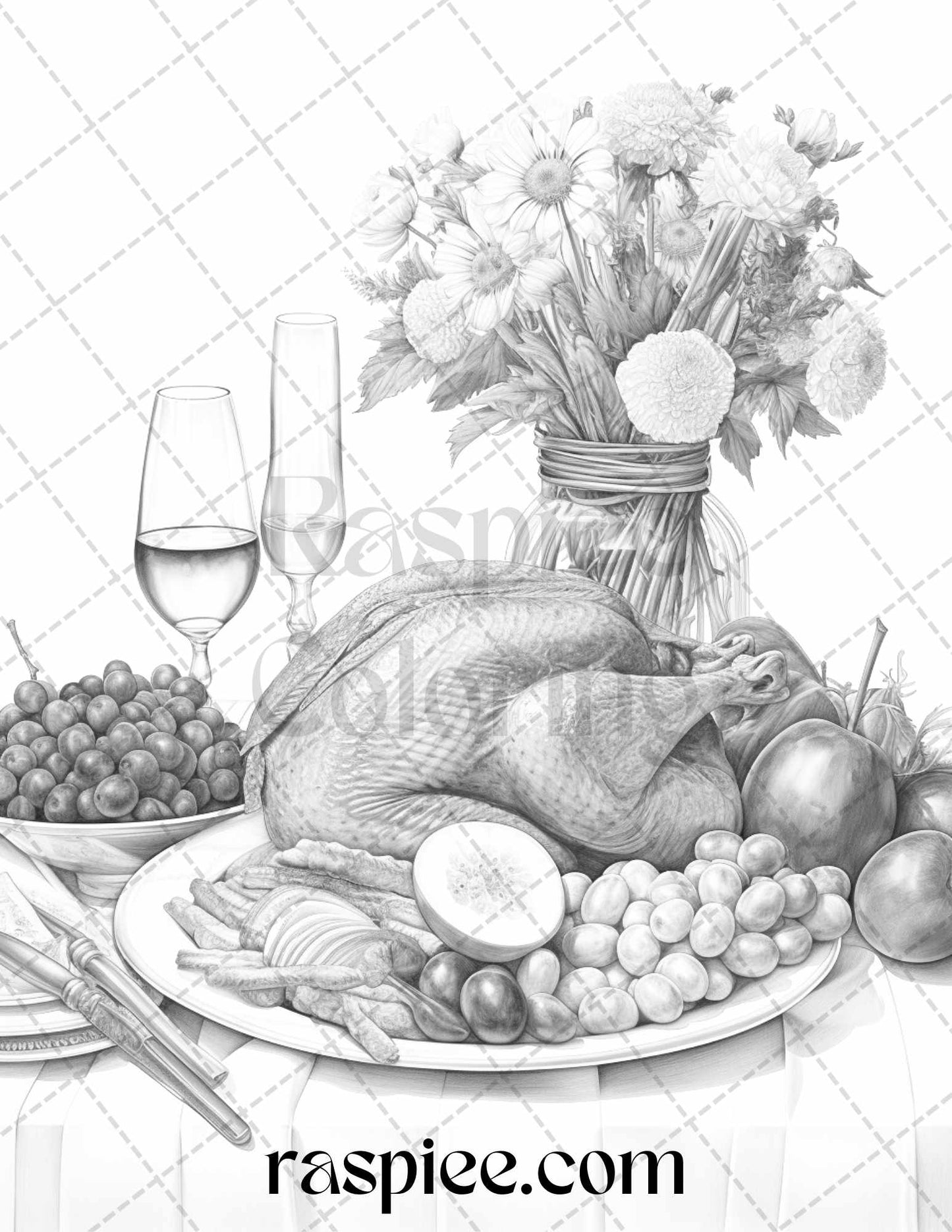 Thanksgiving Dinner Grayscale Printable Coloring Page, Adult Fall Coloring Activity, DIY Autumn Coloring Sheets, Instant Download Thanksgiving Coloring Art, Relaxing Holiday Coloring Pages, Holiday Coloring Pages for Adults