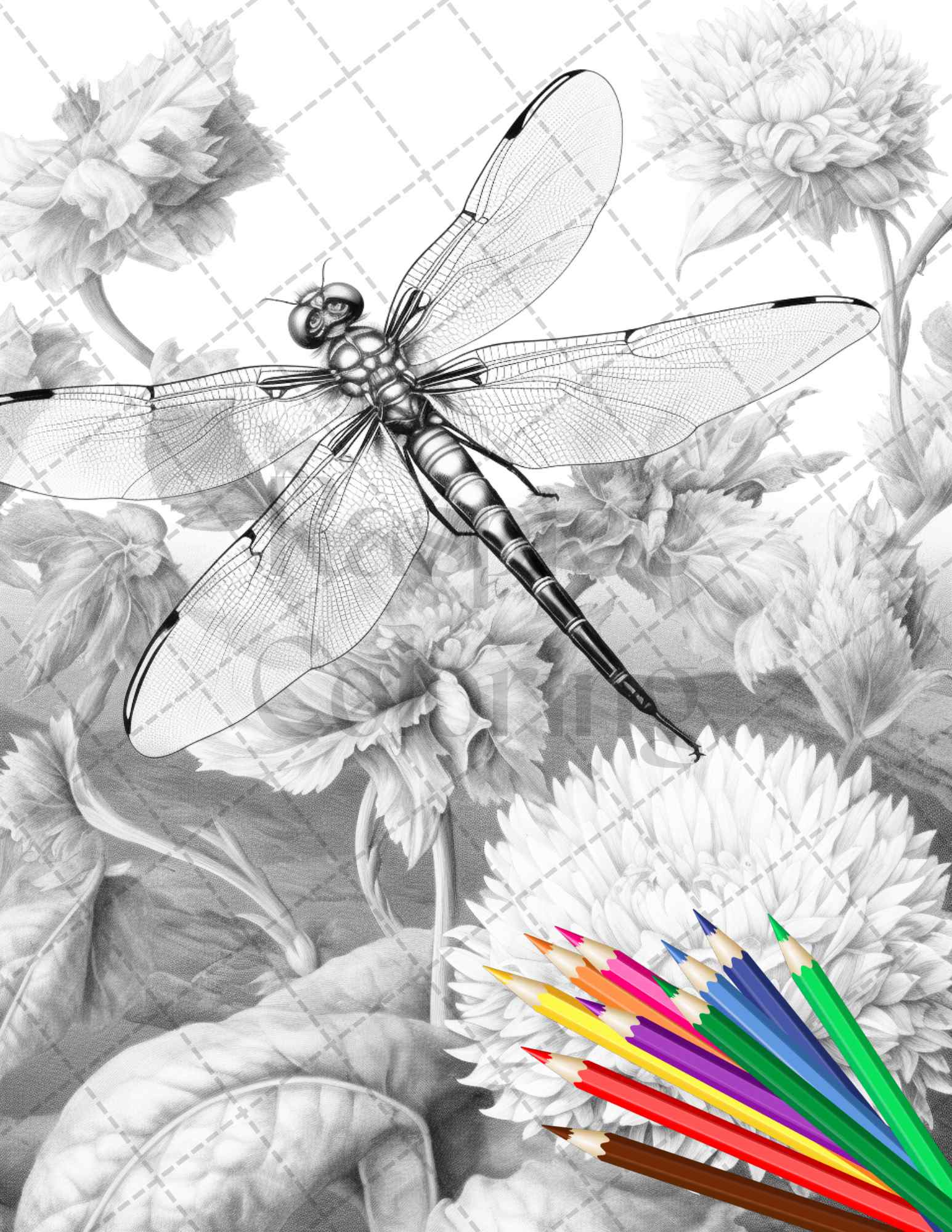 Vintage Botanical Dragonfly Grayscale Coloring Pages Printable for Adults, PDF File Instant Download - raspiee