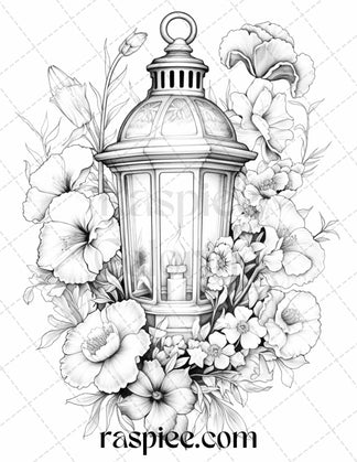 30 Vintage Lantern Flower Grayscale Coloring Pages Printable for Adult ...