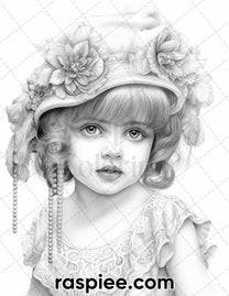 50 Vintage Flapper Baby Girls Grayscale Coloring Pages for Adults, Pri ...