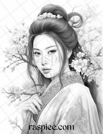 40 Beautiful Japanese Girls Grayscale Coloring Pages Printable for Adu ...