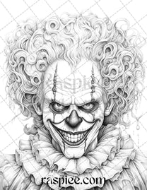 40 Spooky Clowns Grayscale Coloring Pages Printable for Adults, PDF Fi ...