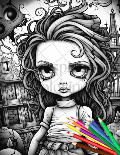 50 Ghoulish Girls Grayscale Coloring Pages Printable for Adults, PDF File Instant Download - raspiee