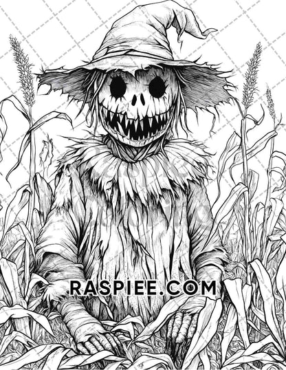 Horror Scarecrow Halloween Adult Coloring Pages Printable PDF Instant Download