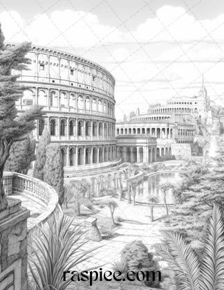 Roman Architecture Grayscale Coloring Pages Printable for Adults, PDF ...