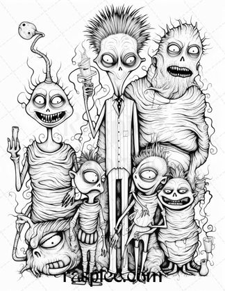 50 Monster Family Grayscale Coloring Pages Printable for Adults - Inst ...