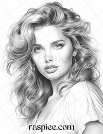 1980s Retro Beautiful Women Grayscale Coloring Pages for Adults, PDF F ...