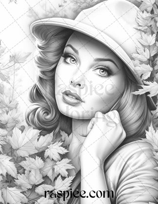 55 Autumn Pin Up Girls Grayscale Coloring Pages Printable for Adults ...