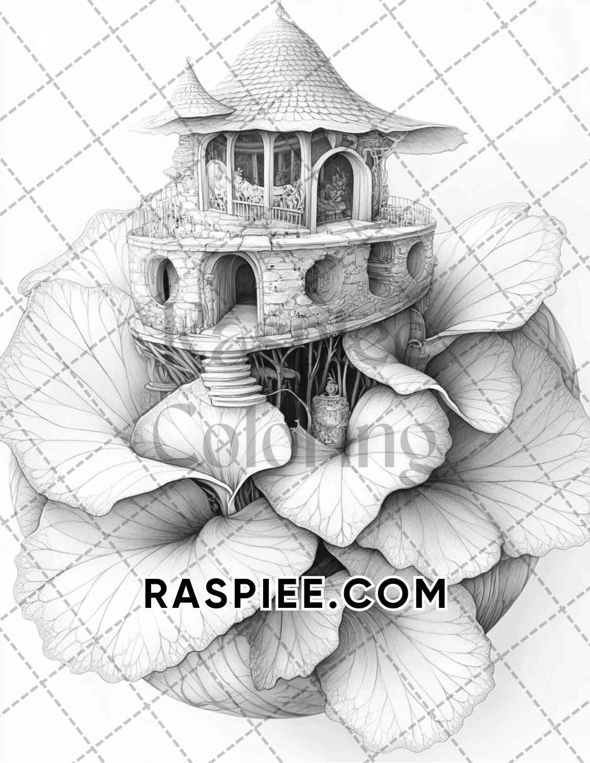 Fantasy Flower Houses Adult Coloring Pages Printable PDF Instant Download