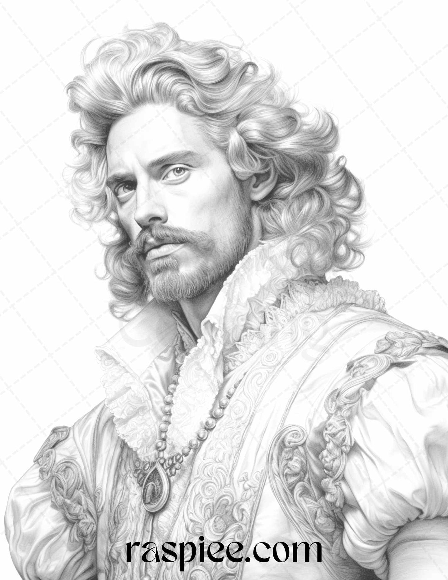 Baroque Man Portrait Grayscale Coloring Pages, Vintage Portraits Printable, High-Quality Grayscale Art, Adult Coloring Book Stress Relief, Intricate Baroque Designs