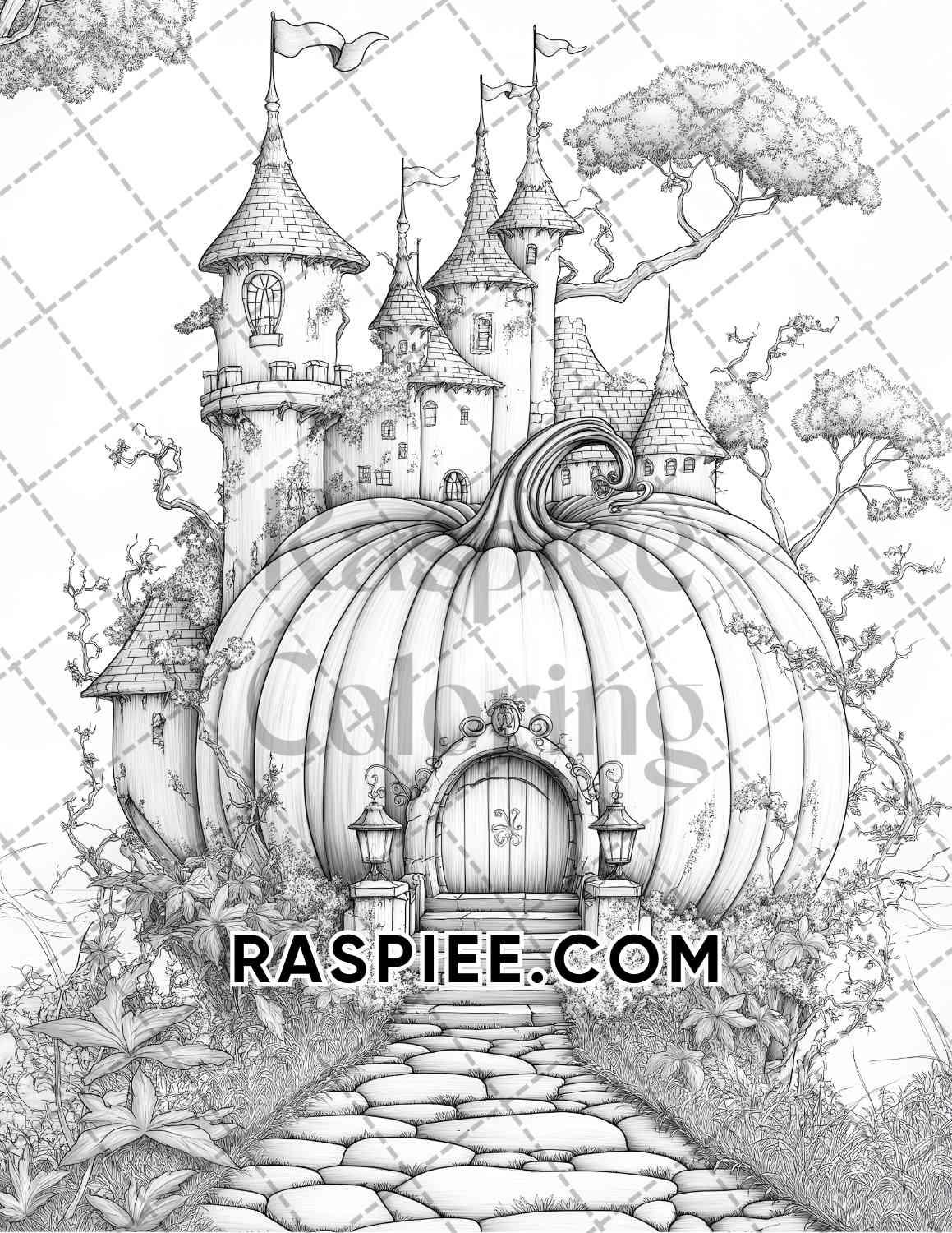 Fantasy Giant Pumpkin Castles Adult Coloring Pages Printable PDF Instant Download - RASPIEE