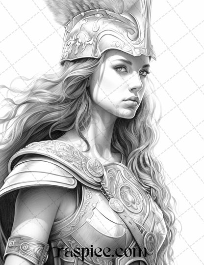 Greek Women Warriors Coloring Pages, Mythology Goddesses Grayscale Coloring, Adult Printable Coloring Sheets, Ancient Greece Female Warriors Illustrations, Portrait Coloring Pages for Adults