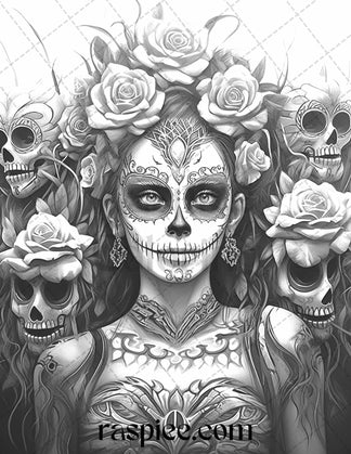 50 Day of the Dead Grayscale Coloring Pages Printable for Adults, PDF ...