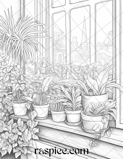Window Plants Grayscale Coloring Pages Printable for Adults, Relaxing Nature Art, Botanical Coloring Pages, Stress Relief Coloring
