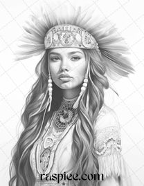 Native American Portrait Grayscale Coloring Pages Printable for Adults ...
