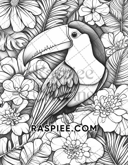 Flowers and Birds Adult Coloring Pages Printable PDF Instant Download - RASPIEE